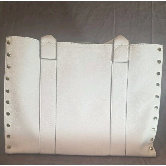 Kate Landry White Faux Pebbled Leather Gold Chain Studded Large Tote Bag. HL8 - Picture 4 of 7